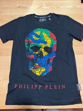 Philipp Plein Black Short-Sleeve Tee with Multicolor Skull